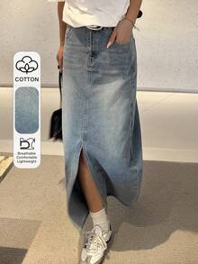 DAZY Teen Girl Ombre Asymmetric Pocket Slit Casual Versatile Denim Skirt - Light Wash - View 1