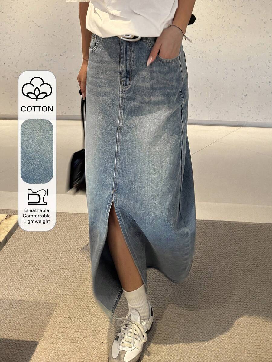 DAZY Teen Girl Ombre Asymmetric Pocket Slit Casual Versatile Denim Skirt - Light Wash - View 1