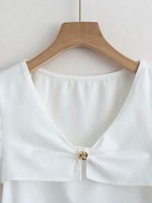 SHEIN Franclia Women's White Square Neck Metal Rose Button Casual Daily Commute Outing Valentine's Day Date Short Sleeve T-Shirt, Spring/Summer White Elegant Top Rose Top Women Tops Elegant Classy Top Women Short Sleeve Tops Ivory Top Bow Top Women Dress Top Short Sleeve Rose Top Women's Short Sleeve Tops Pearl Top Women Women's Tops And Blouses Tops For Women Elegant Classy Women's Short Sleeve Tops Latest Tops For Women New Arrivals Women's Tops - White - View 4