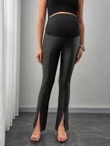 Momance Elastic Faux Leather Effect Split Hem Skinny Maternity Pants, Fashionable & Comfortable Casual Style - Multicolor - View 5