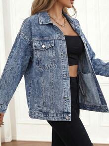 SHEIN Tall Chaqueta vaquera lavada casual para mujer, primavera/otoño - Azul lavado oscuro - Ver 4