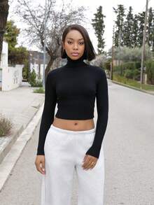 Yess Loren Classic High Neck Ribbed Knit Slim Fit Long Sleeve Pullover Sweater - Black - View 1