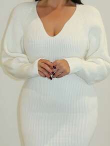 MDEdit 女式 V 领长袖收腰长款针织毛衣裙，秋季 - 白色 - 查看 6