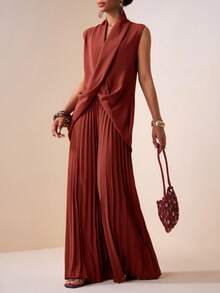 Zivah New Spring/Summer Commute Elegant Vacation Loose Brick Red Sleeveless V-Neck Crossover Top + Pleated Wide-Long Pant Women Two Pieces Set,Suitable For Valentine's Day , Dates, Party, Gatherings, Holidays, Western Style,Vacation,Nomadic Style, Beach, Seaside,Concerts, Everyday Outings, New Year's, Revelry, Brunch Outfits, Wedding Guest Outfits, Wedding Season,Casual-Z - Rust Brown - View 5