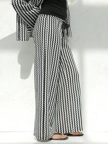 KSTM 女士锯齿条纹阔腿高腰阔腿裤，弹性腰带，全长设计 - 黑與白 - 查看 5
