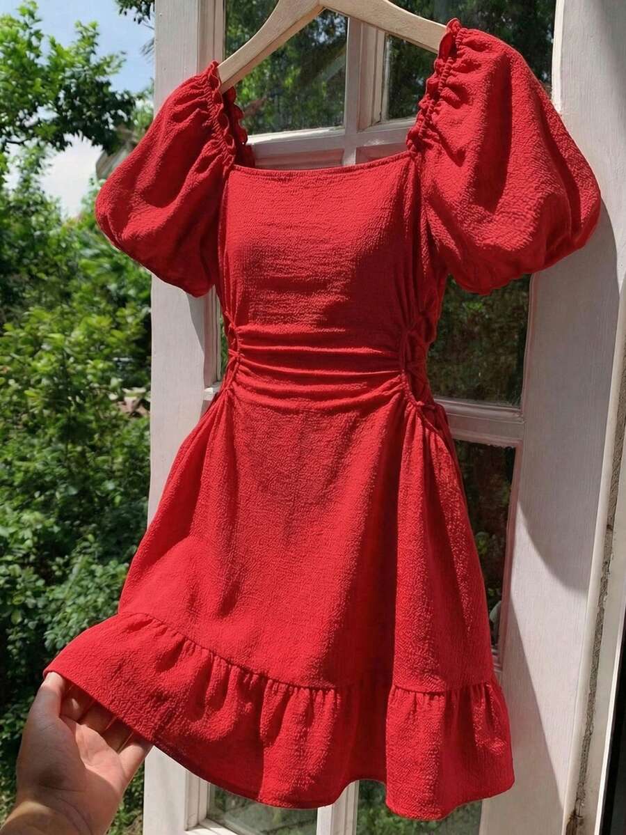 SHEIN MOD 夏季純色方頸泡泡袖側扣迷你連衣裙 - 紅色 - 查看 1