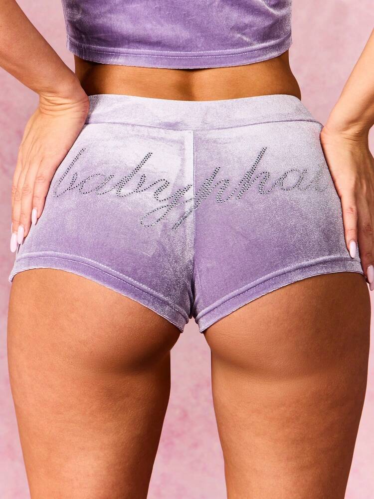 BABYPHAT Women's Luxe Velour Rhinestone Embellished Drawstring Shorts With Sparkle Script Detail For Loungewear And Casual Comfort