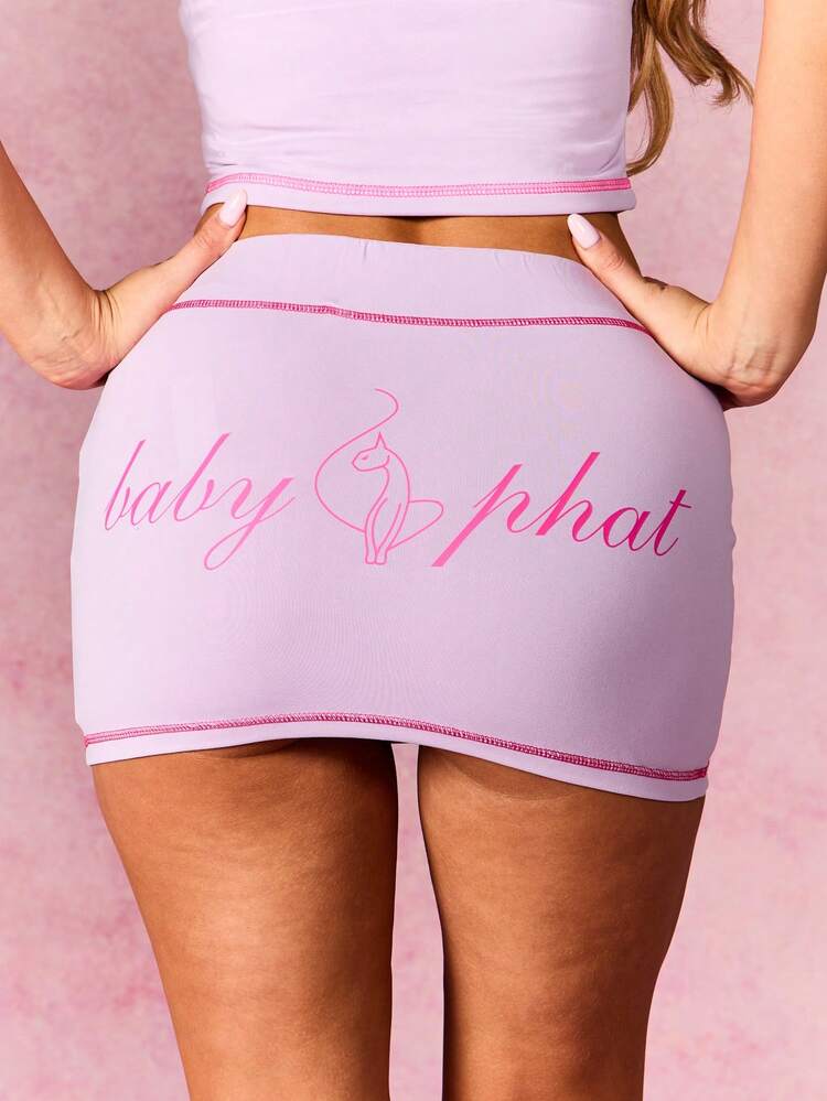 BABYPHAT Pink Jersey Mini Skirt With Cat Logo Text Print Contrast Stitching Detail Bodycon Fit