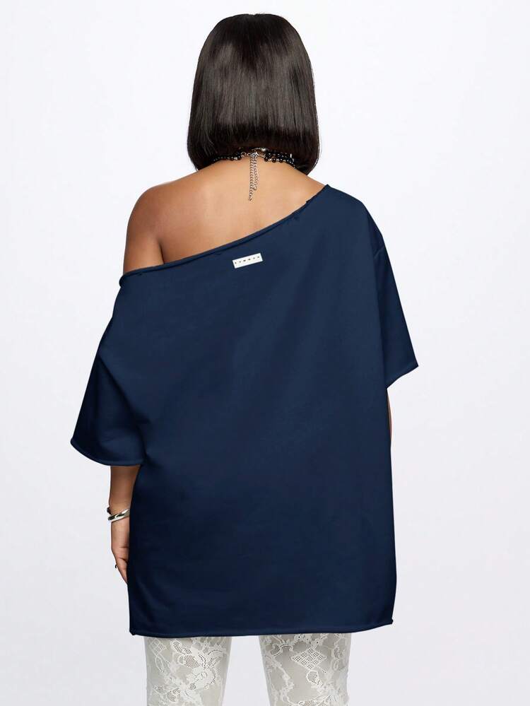 SUMWON WOMEN Off Shoulder Sweater Mini Dress With Script Print Navy Casual Oversized Tunic Style Fall Winter Comfort Wear