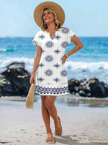 Sylviya Đầm ngắn cổ chữ V tối giản, phong cách thường ngày dành cho nữ, thích hợp cho mùa xuân/hè. - Xanh và trắng - Xem 6