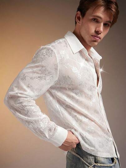 FeverCity Camisa de solapa con botones y estampado floral brillante para hombre