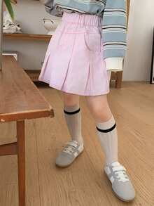 DAZY 年轻女孩纯色高腰休闲斜插口袋牛仔迷你裙 - 淺粉色 - 查看 3