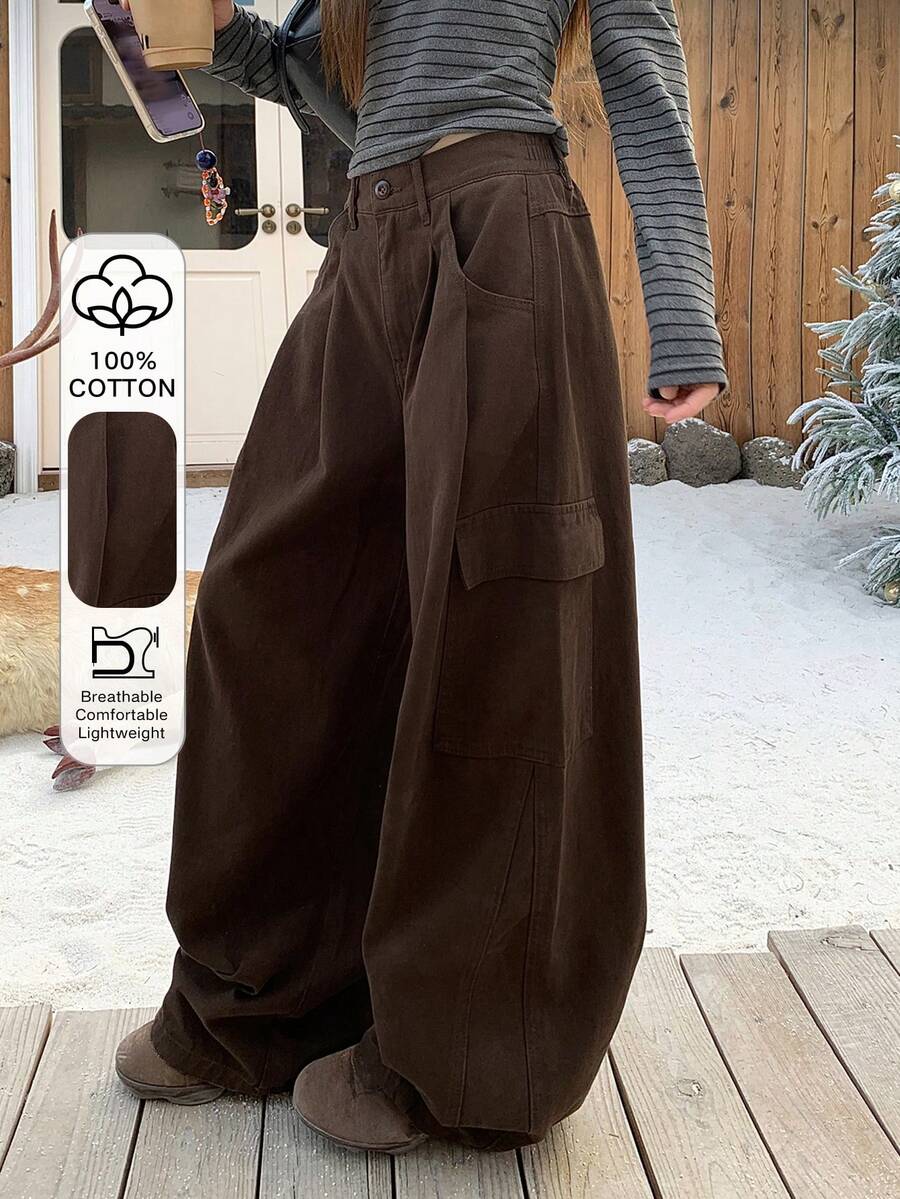 DAZY 少女休闲百搭口袋纽扣喇叭裤，适合日常穿着 - 棕色 - 查看 1