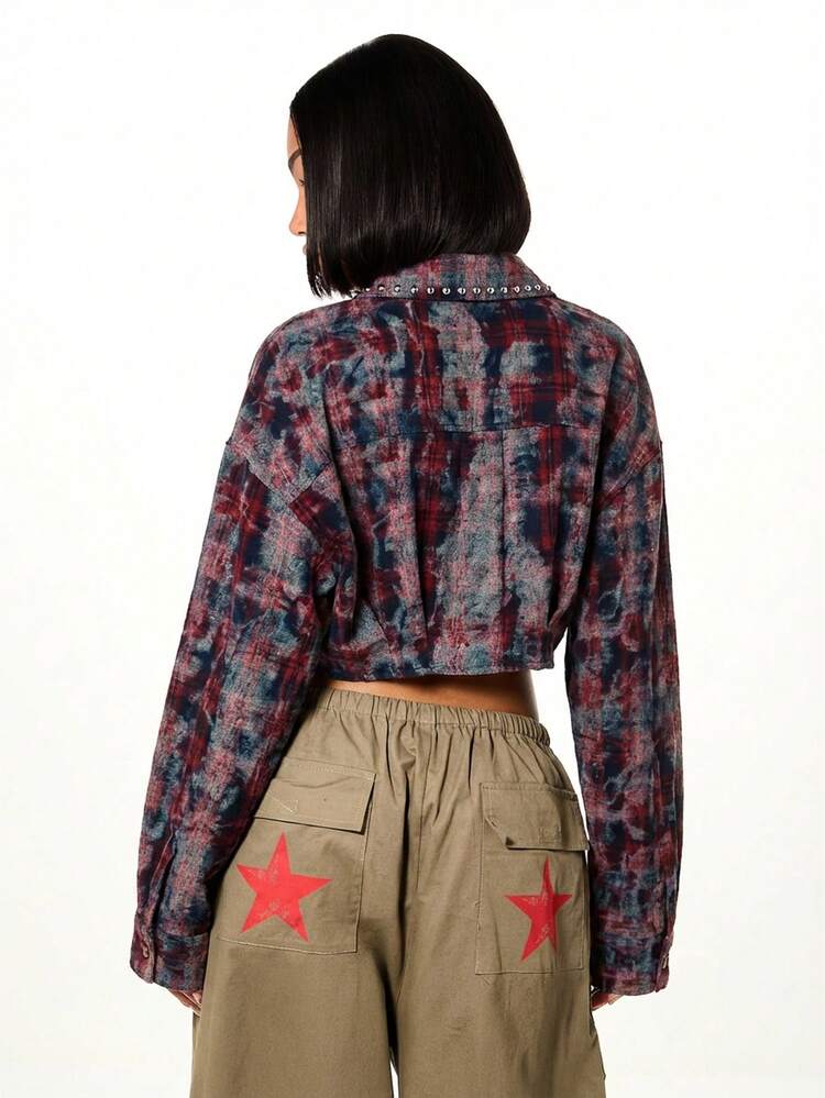SUMWON WOMEN Oversized Cropped Distressed Flannel Shirt Stud Detailing Long Sleeves For Casual Fall Winter Layering