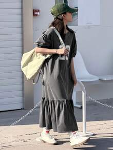 DAZY 少女数字印花圆领短泡泡袖荷叶边下摆连衣裙 - 灰色 - 查看 8