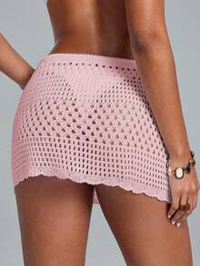 Swim Lushoire 波浪形下摆沙滩罩裙，几何镂空花卉图案 - 淺粉色 - 查看 2