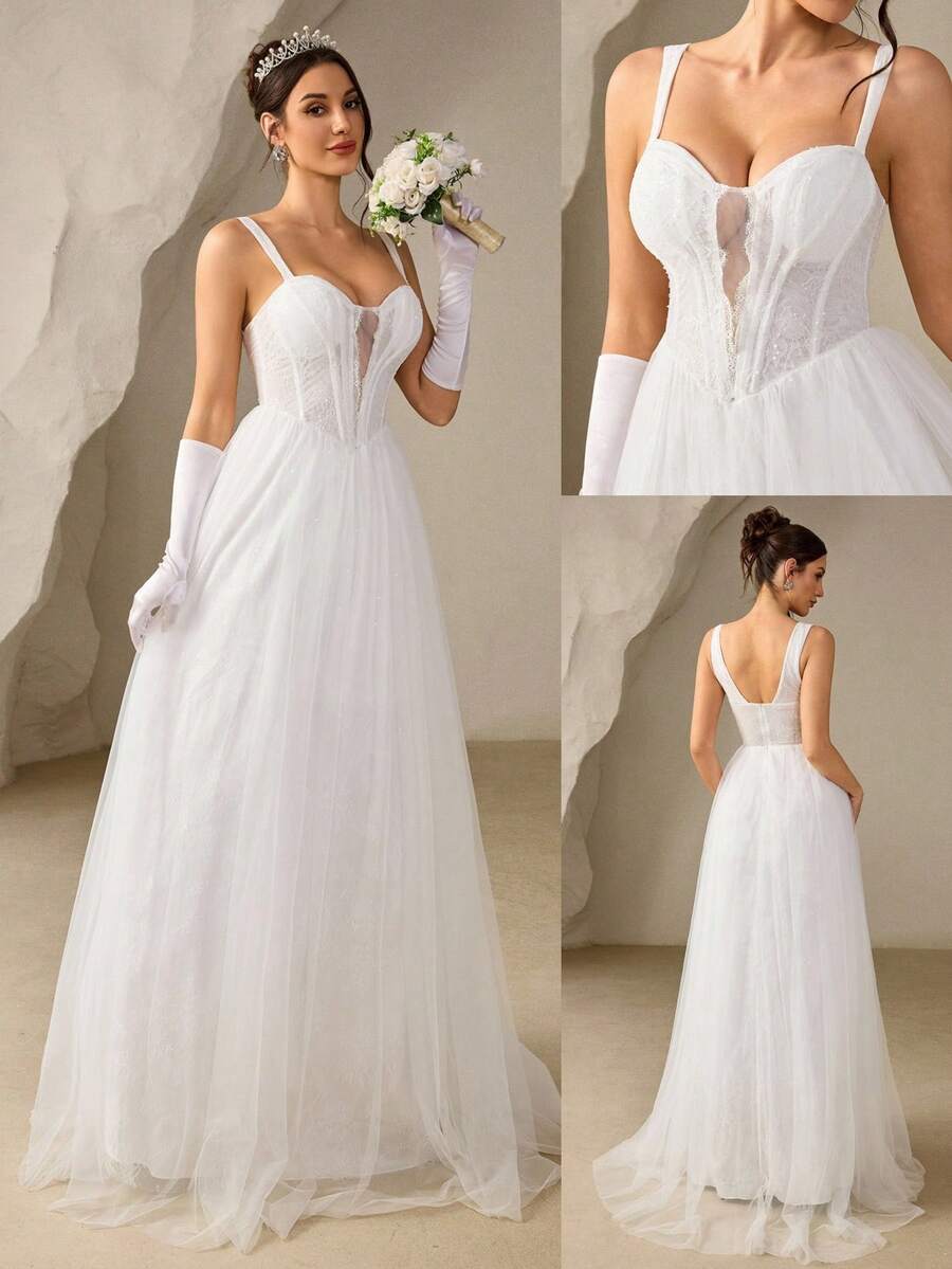 Coutiva Elegant White Wedding Dress For Women,Spring Formal Silky Mesh Corset Ball Gown With Lace Sequins,Slim Off-The-Shoulder Evening Bridal Dresses