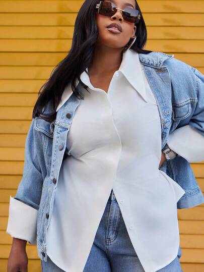 NYA SZN Top Plus Curve Long Sleeve Button Up Collar Loose Oversized Everyday Casual Business Basic Streetwear Office Teacher Modest Spring Summer Suitable For Commuting Valentines Day Party Elegant Church Shaping White Outfits For Women