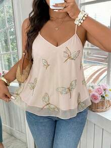 Breezaya Camiseta de tirantes con bordado de mariposa talla grande, top de malla etérea - Albaricoque - Ver 1