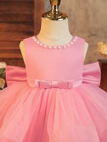 SHEIN Glamorique Kids 花童礼服，蓬蓬裙，后背大蝴蝶结，女婴公主裙，粉色薄纱裙，双层薄纱裙，珍珠装饰，自信骄傲的礼服，钢琴演奏会蓬蓬裙 - 西瓜粉 - 查看 4