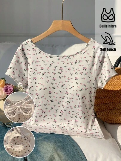 Comfortcana 2026 新款春夏时尚女装碎花扭结露背镂空短袖休闲T恤夏季上衣情人节海滩外出上衣