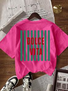 EMERY ROSE Women's Letter & Stripe Print Round Neck Short Sleeve Casual Versatile T-Shirt - Rose Red - View 6