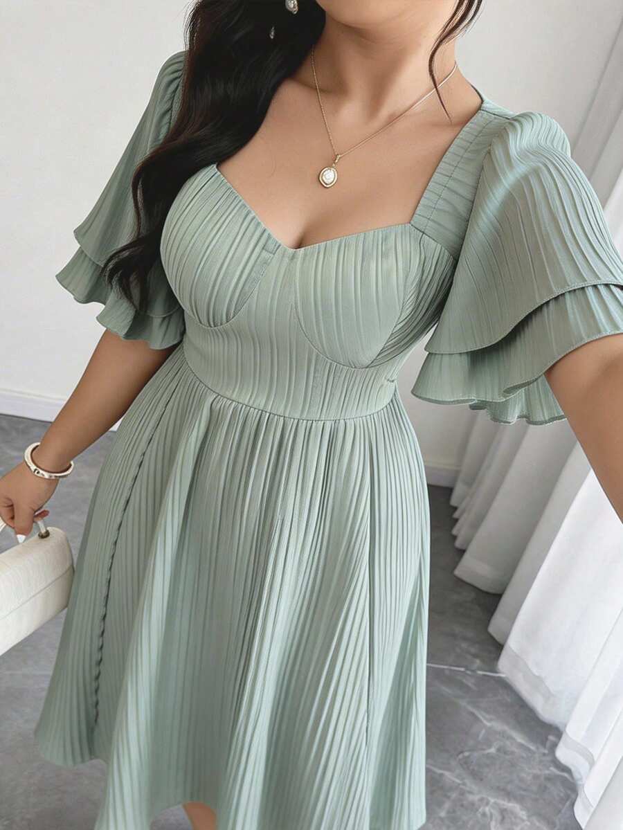 Feyla Plus Size Elegant Solid Color Waist Cinched Dress, Summer - Dusty Blue - View 1