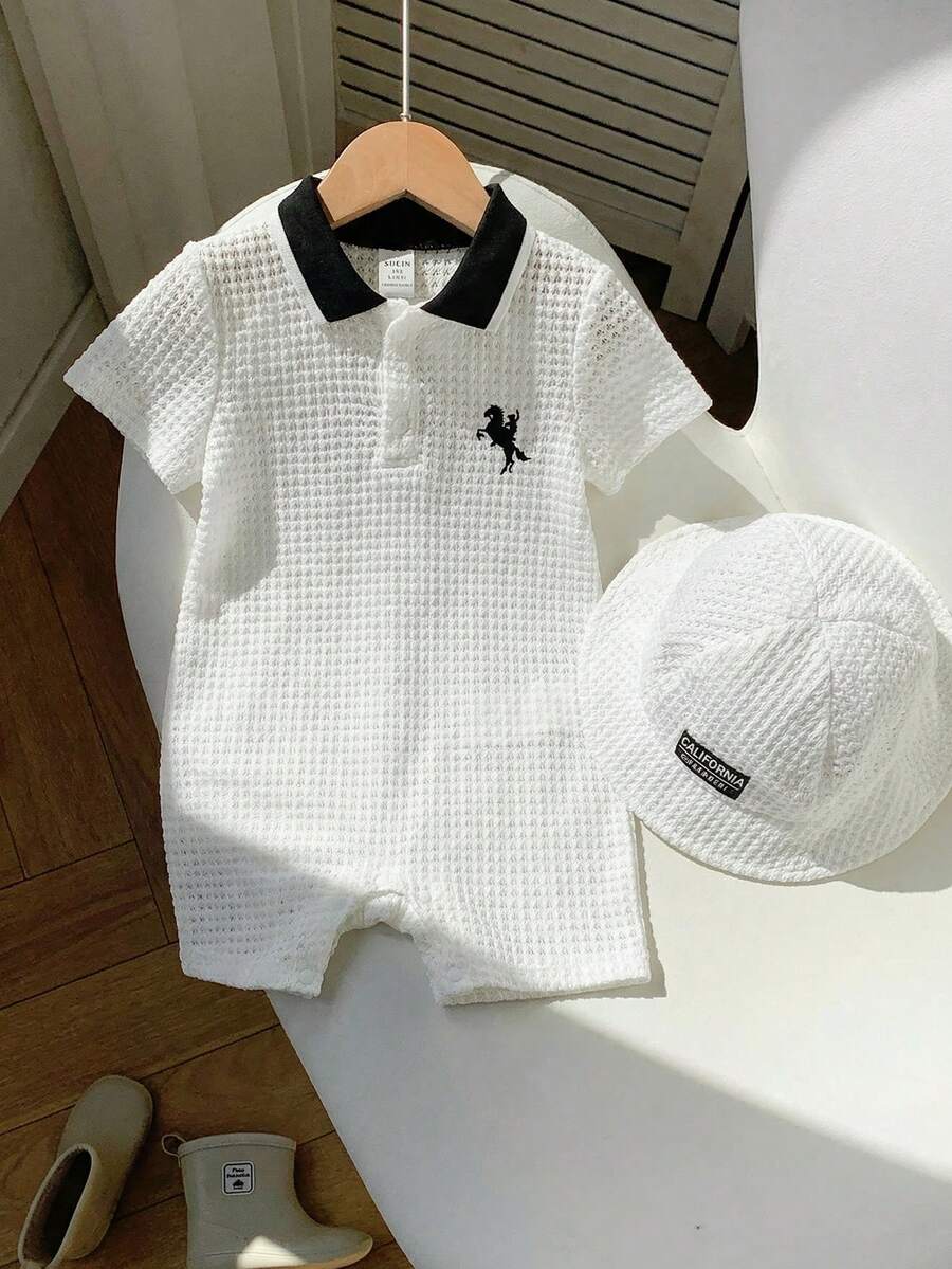 男婴纯色刺绣Polo领连帽休闲连体衣 - 黑與白 - 查看 1