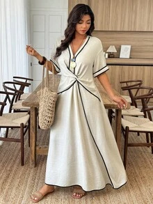 EMERY ROSE Đầm maxi ngắn tay màu đen phối cotton-linen màu mơ, một chiếc đầm cỡ lớn dành cho phụ nữ vào mùa xuân và mùa hè. Thích hợp cho những kỳ nghỉ thư giãn và những buổi đi chơi hàng ngày. - Màu be - Xem 3