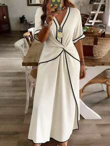 EMERY ROSE Đầm maxi ngắn tay màu đen phối cotton-linen màu mơ, một chiếc đầm cỡ lớn dành cho phụ nữ vào mùa xuân và mùa hè. Thích hợp cho những kỳ nghỉ thư giãn và những buổi đi chơi hàng ngày. - Màu be - Xem 8