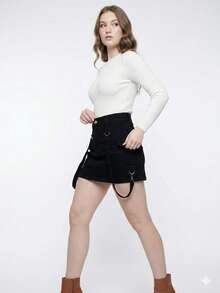 Cargo Denim Short Skirt - Black - View 3
