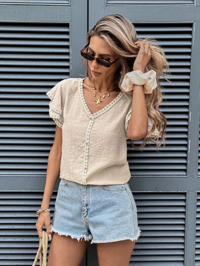 Serisse V Neck Lace Trim Flutter Sleeve Blouse – Women's Summer Casual Top Women's Solid Color Contrast Lace V-Neck Ruffle Short Sleeve Fashionable Blouse,Summer,Spring,Festival, Party, Beach,Wedding, Graduation,Going Out,Prom, Birthday, Elegant ,Vacation, Casual, Formal
