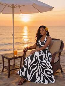 SHEIN Lady 女士时尚全印花露背吊带连衣裙，夏季 - 黑與白 - 查看 7