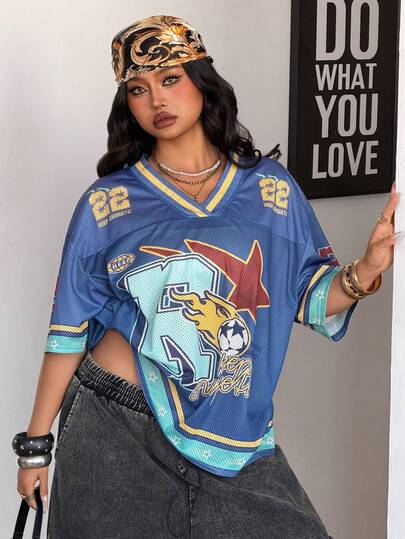 Coolane Áo thun bóng đá nữ cỡ lớn mùa xuân hè phong cách Y2K cổ điển, thoáng khí, chất liệu lưới, in hình số.