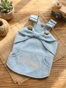 PETSIN 1件猫狗通用服装，甜美蝴蝶结刺绣“漂亮”宠物蓝色连衣裙，带背带，柔软可爱款式，适合小型犬穿着 - 藍色 - 查看 1