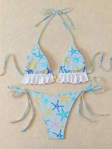Swim Mod Setelan Renang Wanita 2 Potong Motif Bintang Laut Acak yang Lucu dan Manis untuk Liburan Pantai, Musim Panas - MultiWarna - View 2