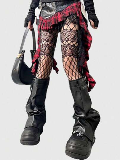 ROMWE Fairycore 1 Piece Of Sexy Solid Color Jacquard Splicing Mesh Socks, Retro Lace Black Suspender Tights,