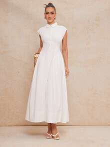 Lumalex 100Cotton Women's Solid Color Casual Casual Minimalist Everyday Dress ,Elegant And Casual Sleeveless A-Line Long Dress With Shirt Collar Graduation Dress,Wedding Guest Brunch Dress Women,Vacation Outfits Woman,Graduation Dresses For Women,Sundress,Birthday Dresses For Women,Off-White Dress Business Casual Woman Summmer Elegant Evening Dress Party Button Down Dress For Women Elegant Dress - White - View 4