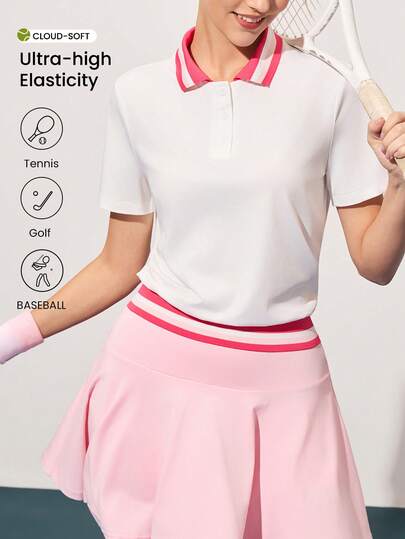 CourtClass Women's Contrast Color Polo Collar Short Sleeve Tennis Shirt Golf Tops For Woman Women Tennis Skirt Set Sportswear Women Womens Polo Shirt