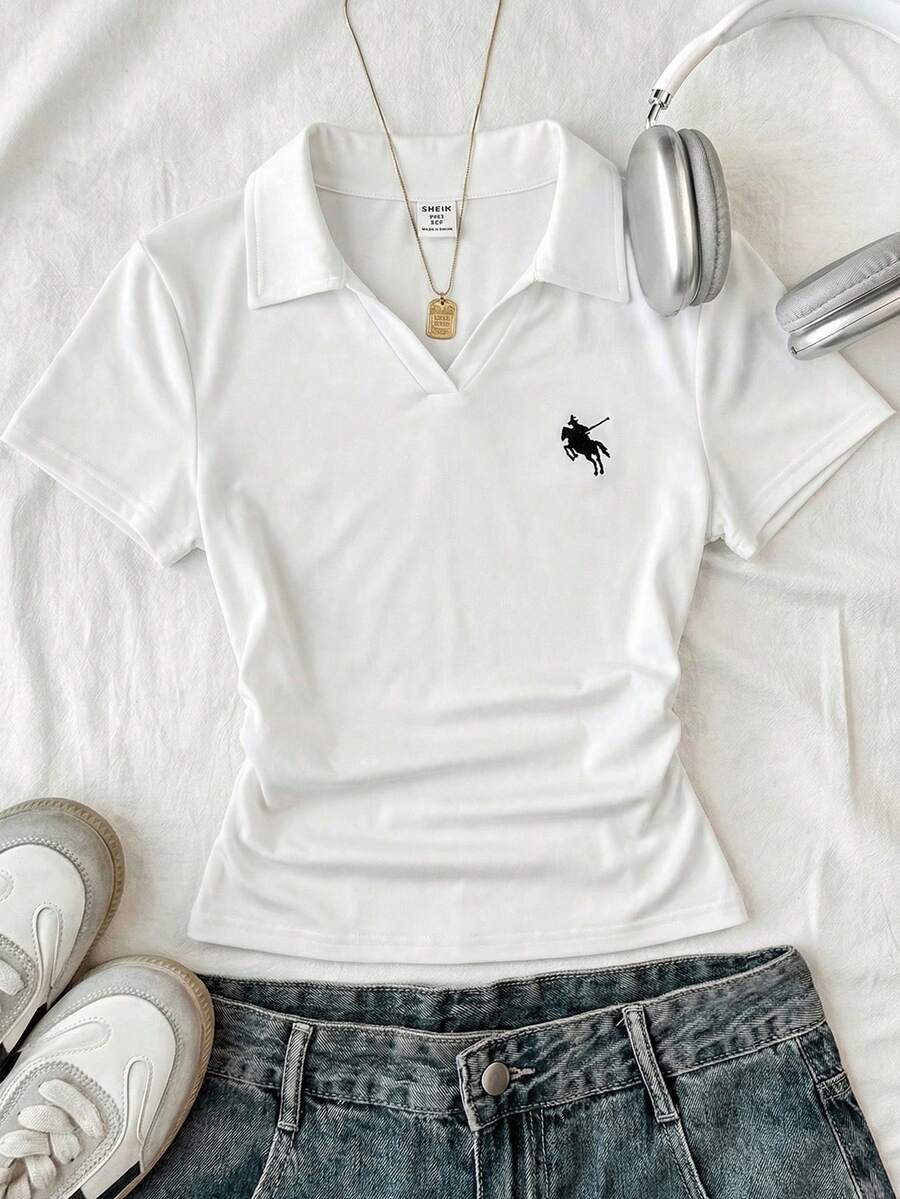 SHEIN 少女款海军蓝白领针织休闲撞色修身短款上衣,带小Logo刺绣 - 白色 - 查看 1