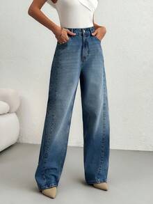 EURMUSE JEAN EN DENIM TEINT À TAILLE HAUTE, COUPE DROITE AMPLE - Jean bleu - Voir 3