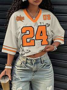 Slaydiva 2025 Spring/Summer Casual Minimalist, Retro Insect & Butterfly Print, Women Loose V-Neck Short Puff Sleeve Mesh T-Shirt, Suitable For Summer, Sports Events Suitable For Going Out Chic - Multicolor - View 2