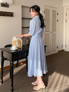DAZY 女士条纹衬衫式A字收腰优雅中长连衣裙 女士太阳裙 - 藍色 - 查看 5