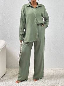 EMERY ROSE Autumn New Textured Fabric Casual Drop Shoulder Hem Slit Shirt And Wide Leg Pocket Pants 2 Pieces Set For Women - Green - View 3
