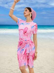 Swim Shayni Bộ đồ bơi Burkini 3 món phong cách Bohemian in họa tiết đá cẩm thạch dành cho nữ: Áo tắm + Quần short + Váy lưới, thích hợp cho mùa hè. - Hồng - Xem 4