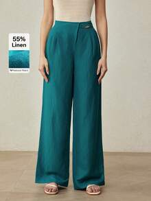 MOTF PREMIUM LINEN MINIMALIST ASYMMETRIC WAIST STRAIGHT WIDE-LEG PANTS, SPRING/SUMMER - Teal Blue - View 1