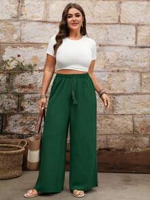 SHEIN Pantalones anchos de pierna ancha con cintura con cordón y dobladillo dividido, versátiles y casuales para uso diario, talla grande para mujeres - Verde - Ver 3