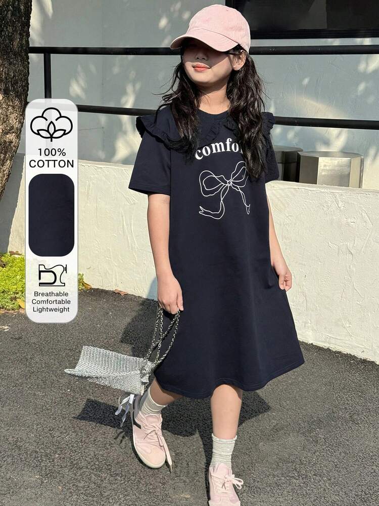 Tween Girl Letter & Bow Print Petal Sleeve Casual Loose Fit Mini Dress
