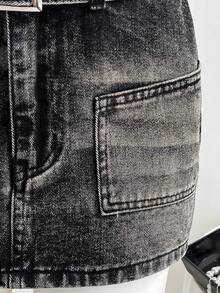 Elamini Falda vaquera de cintura baja con ojales metálicos de moda - Gris Oscuro - Ver 5