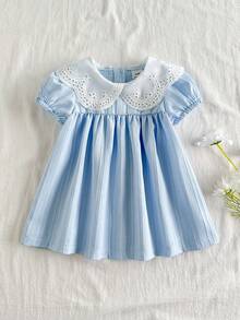 Vintaside Kids Đầm xếp ly dáng rộng kiểu cổ điển cho bé gái, cổ ren hoa ngọt ngào, khoét lỗ. - Màu xanh nhạt - Xem 3